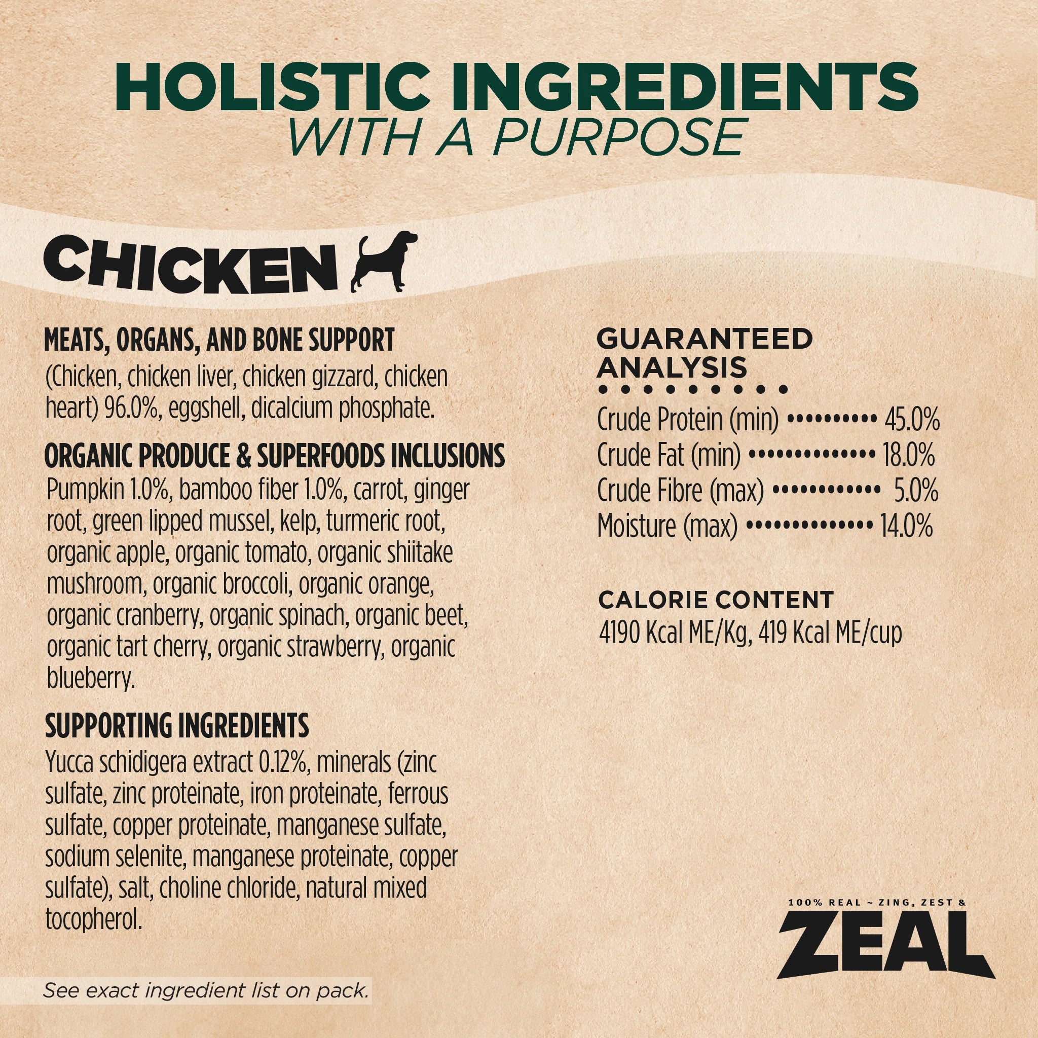 Detailed nutritional information panel for Zeal Gently Air Dried Chicken dog food showing high protein content, essential vitamins, minerals, amino acids, and complete balanced nutrition for dogs of all life stages.