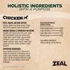 Detailed nutritional information panel for Zeal Gently Air Dried Chicken dog food showing high protein content, essential vitamins, minerals, amino acids, and complete balanced nutrition for dogs of all life stages.