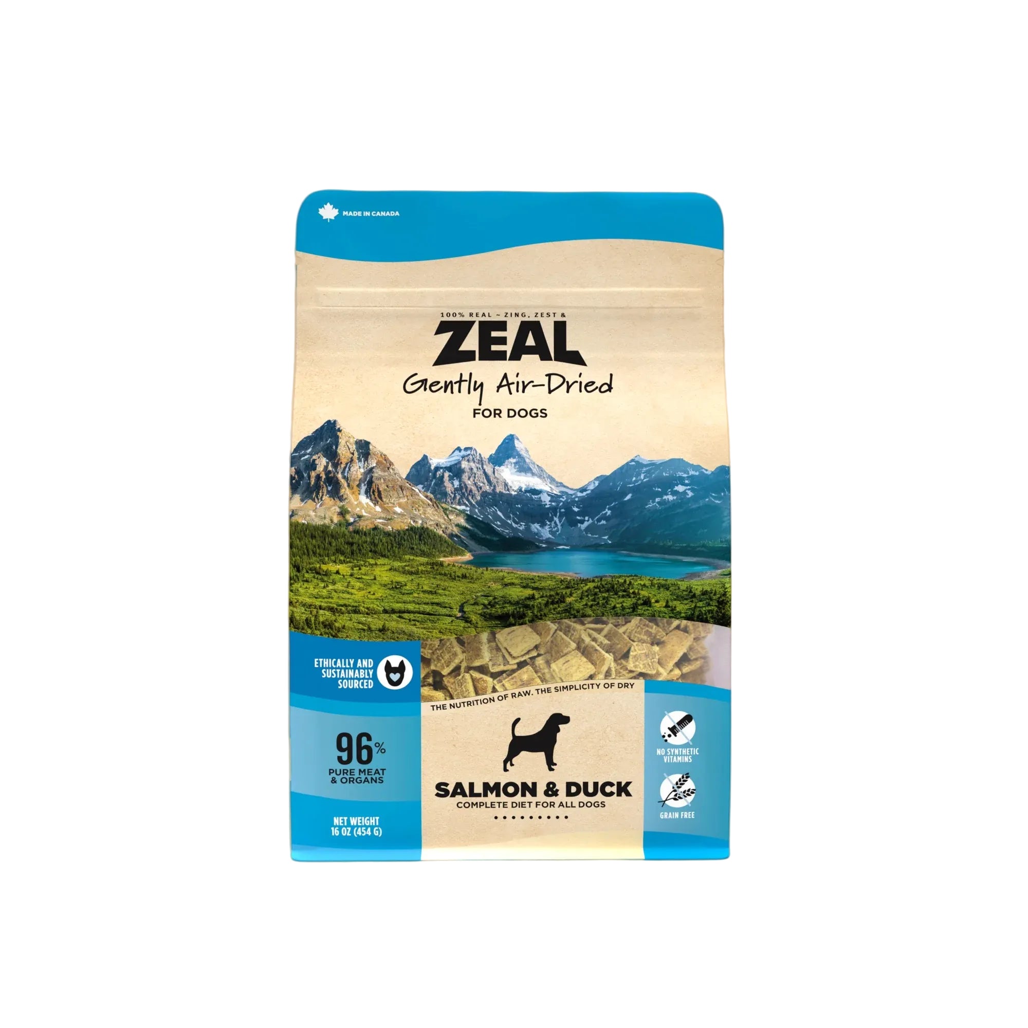 Front view of Zeal Gently Air Dried Salmon and Duck Dog Food bag highlighting high-protein air-dried nutrition made with wild Alaska salmon for healthy skin, coat, and energy support