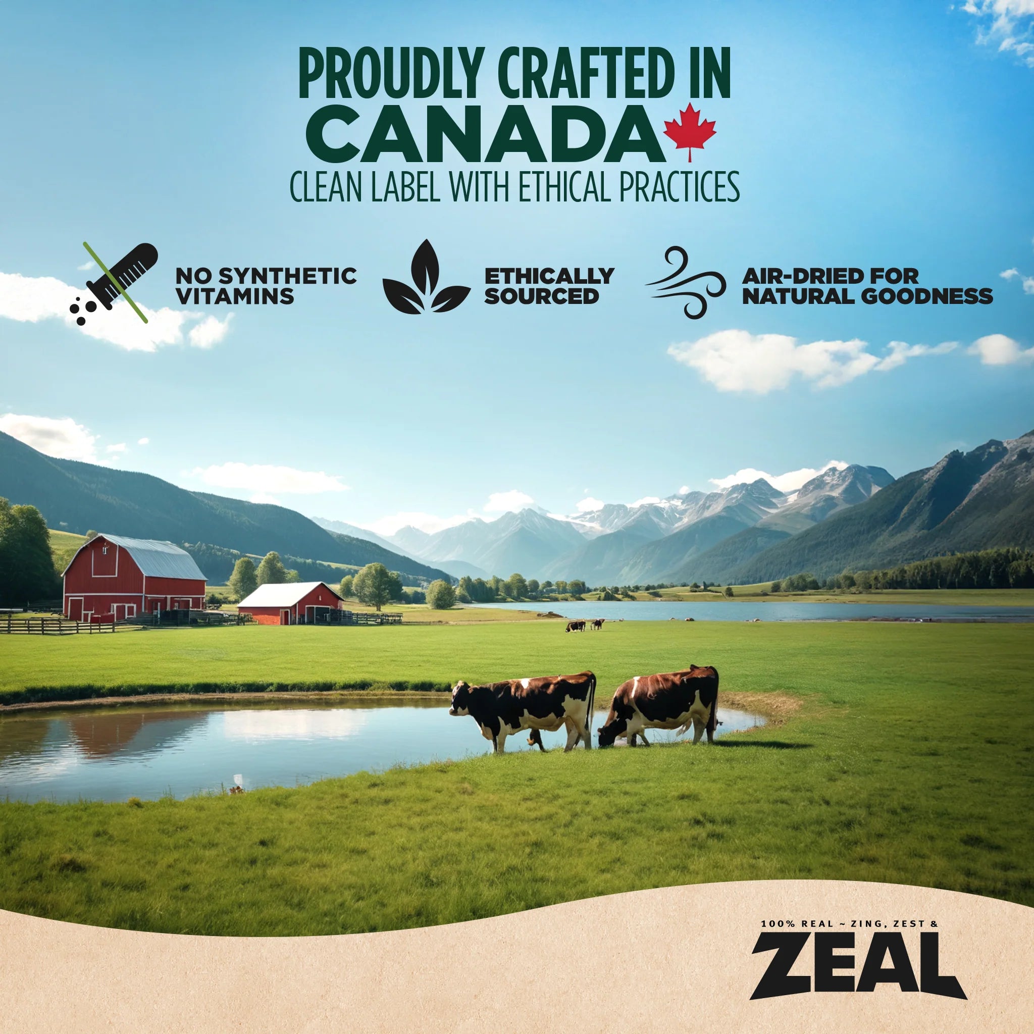 Farm scene with animals in a Canadian pasture representing ethically sourced ingredients and Zeal’s commitment to air-dried nutrition, natural ingredients, and minimally processed dog food