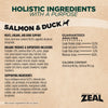 Detailed nutritional information panel for Zeal Gently Air Dried Salmon and Duck Dog Food highlighting protein levels, Omega-3 content, vitamins, minerals, and essential nutrients