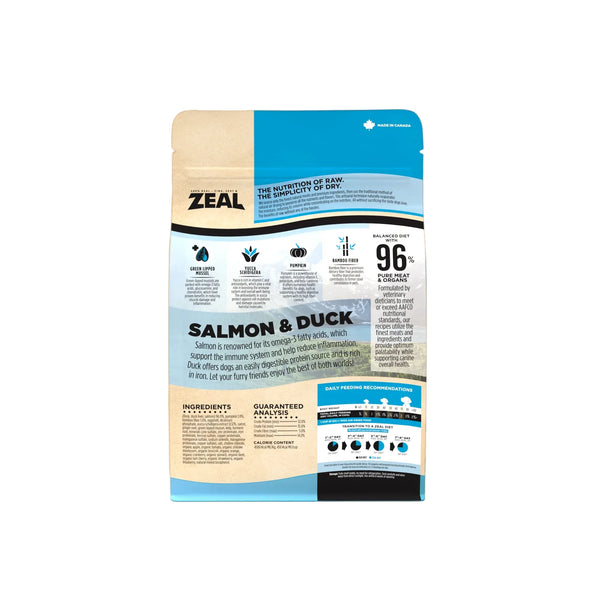 Back of Zeal Salmon and Duck air-dried dog food packaging displaying feeding instructions, ingredient list, nutritional analysis, and benefits of Omega-3 rich protein sources