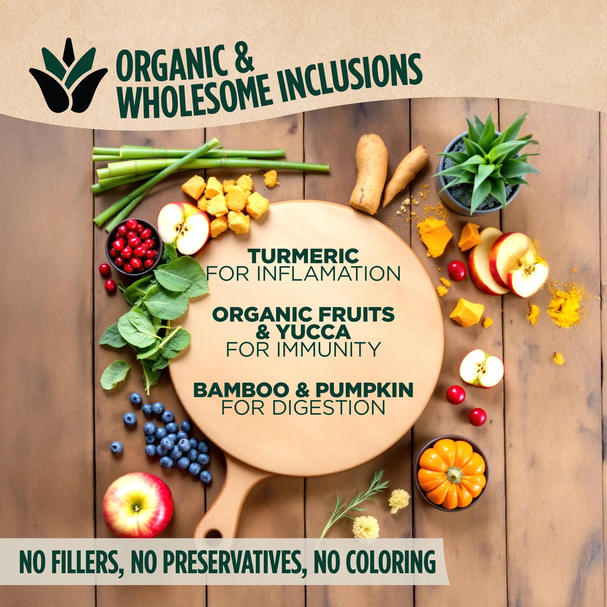 Fresh fruits and vegetables arranged on a cutting board representing the wholesome natural ingredients added to Zeal air-dried Salmon and Duck dog food for balanced nutrition