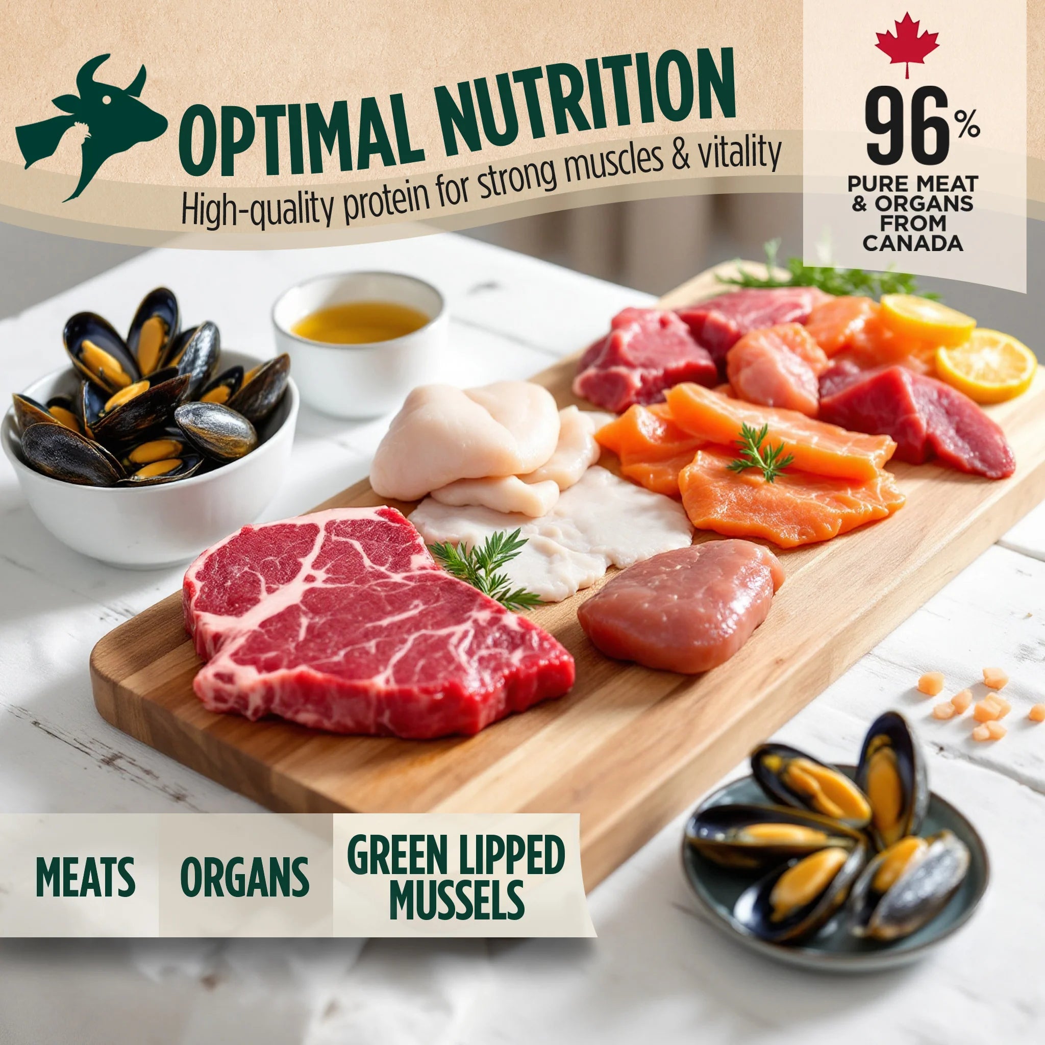 Fresh salmon, duck, and nutrient-rich organ ingredients displayed on a wooden serving board representing the premium high-protein recipe used in Zeal air-dried dog food