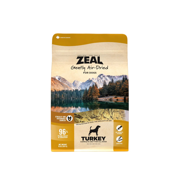 Front view of Zeal Gently Air Dried Turkey Dog Food bag featuring high-protein turkey recipe made with 96% meat and organs for sensitive dogs and picky eaters