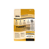 Back of Zeal Turkey Air Dried Dog Food packaging displaying feeding recommendations, nutritional analysis, premium ingredients, and air-dried health benefits for dogs