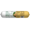 Back of fresh dog food roll packaging displaying ingredient list and nutritional benefits including high-quality chicken protein, natural prebiotics for digestion, and no artificial preservatives, colours, or flavours.