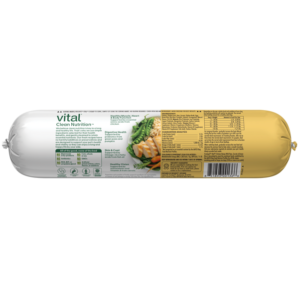 Back of fresh dog food roll packaging displaying ingredient list and nutritional benefits including high-quality chicken protein, natural prebiotics for digestion, and no artificial preservatives, colours, or flavours.