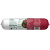 Back of fresh dog food roll packaging displaying ingredient list and nutritional benefits including high-quality bison and beef protein, natural prebiotics for digestion, and no artificial preservatives, colours, or flavours.