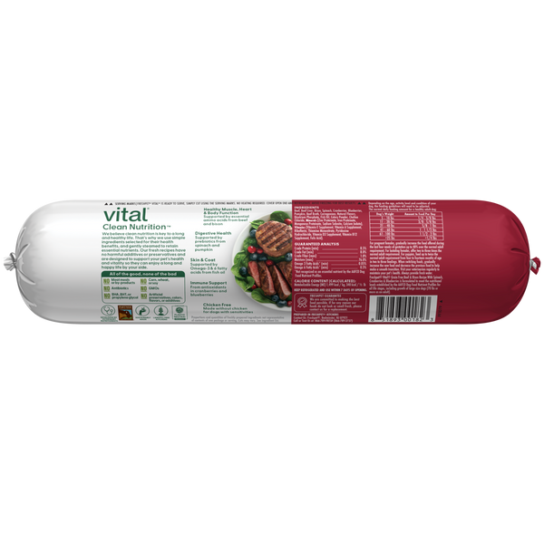 Back of fresh dog food roll packaging displaying ingredient list and nutritional benefits including high-quality bison and beef protein, natural prebiotics for digestion, and no artificial preservatives, colours, or flavours.