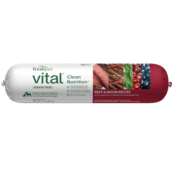 Front of Freshpet Vital Bison & Beef dog food package highlighting grain-free, high-protein fresh recipe made with real beef and bison, enriched with pumpkin and spinach for digestive support and overall canine health.