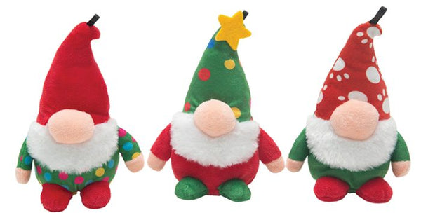 Front view of Snugarooz Baby Gnomies Holiday Dog Toy Trio, showing an eco-friendly gnome toy with crinkle and squeaker for fun, festive play.