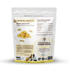 Back of Healthybud Banana Chips dog treats bag showing nutritional information and simple ingredients — just bananas and coconut oil. Emphasizes that these high-fiber, vitamin-packed chips aid in healthy digestion, muscle strength, and overall wellness while being free from additives, sugar, and sulphites.