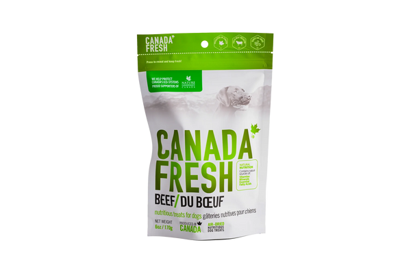 Front of PetKind Canada Fresh Beef Treats bag, highlighting air-dried, nutritious beef treats for dogs.