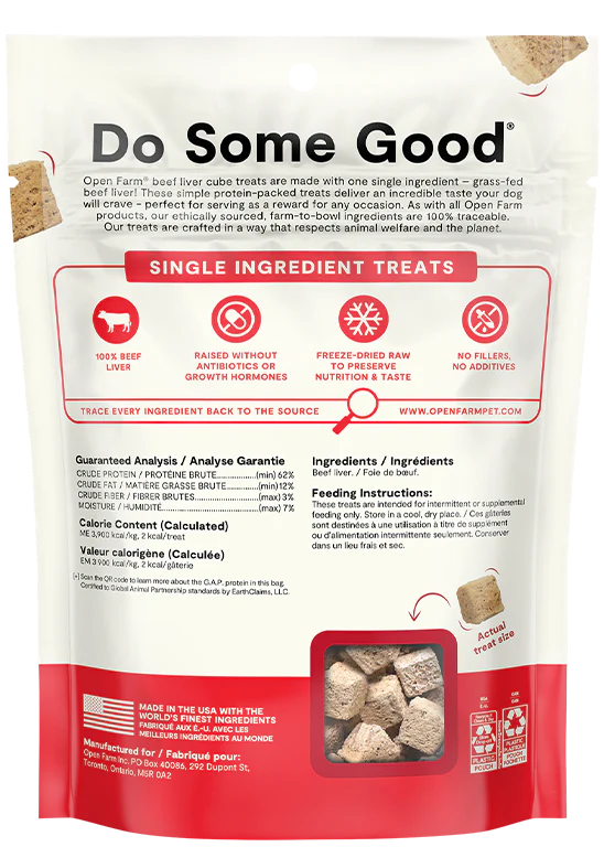 "Back view of Open Farm Freeze-Dried Beef Liver Dog Treats bag showing ingredients and certifications"