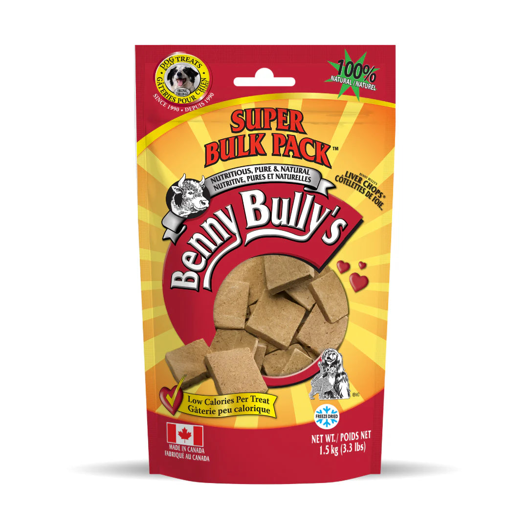 An image showing the front of the 1.5kg bag of Benny Bully Liver Treats.