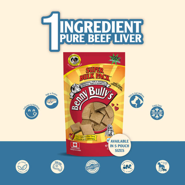 An image highlighting that Benny Bully Liver Treats contain only one ingredient: 100% pure beef liver.