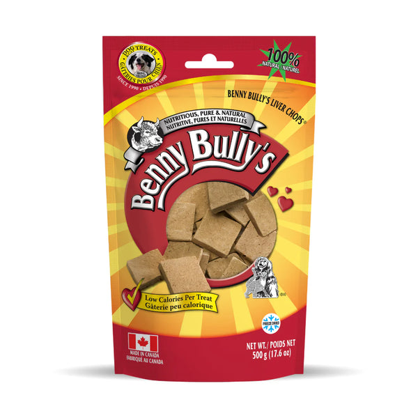 An image showing the front of the 500g bag of Benny Bully Liver Treats.