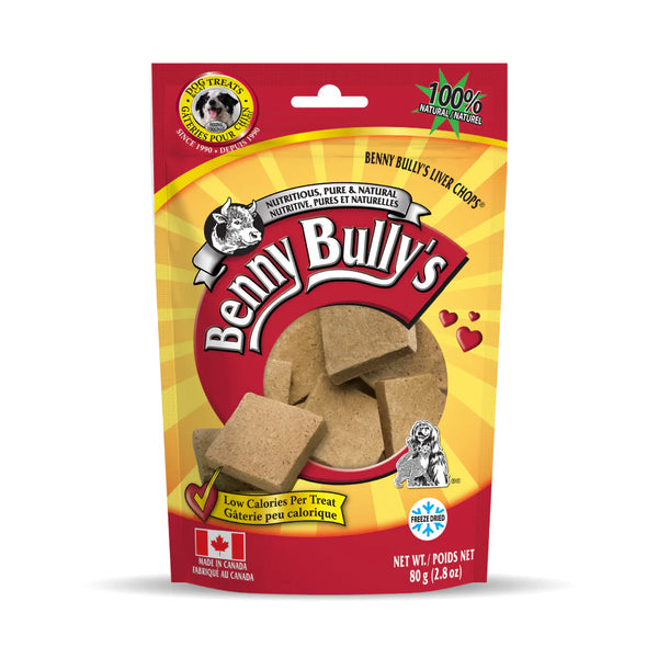 An image showing the front of the 80g bag of Benny Bully Liver Treats.