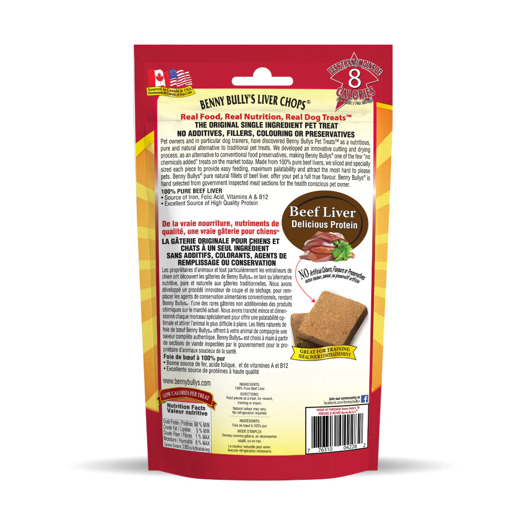 An image of the back of the Benny Bully Liver Treats bag, detailing nutritional information and ingredients.