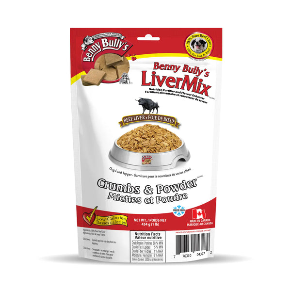 The front view of the Benny Bully Crumbs and Powder bag, highlighting its use as a high-quality pet food topper made from 100% pure beef liver.