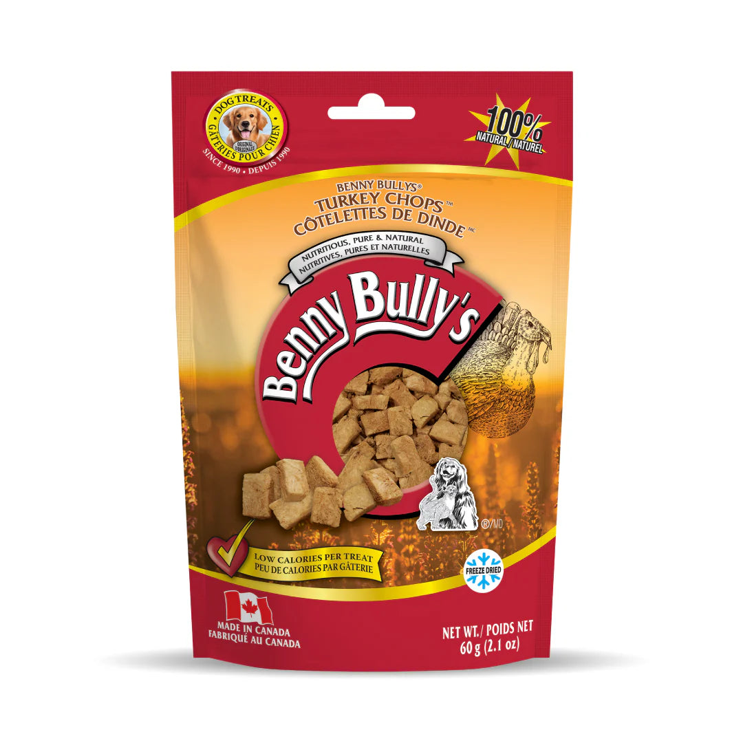 Front view of Benny Bully's Turkey Chops bag, highlighting its hypoallergenic and premium free-range turkey content.