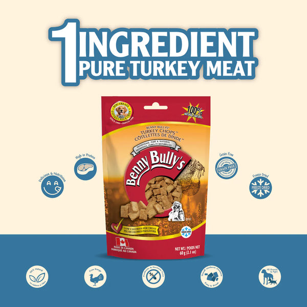 Visual emphasizing the pure and hypoallergenic turkey content of Benny Bully's Turkey Chops.