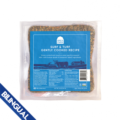 Front view of Open Farm Gently Cooked Surf & Turf Recipe package, highlighting premium ingredients and eco-friendly design.