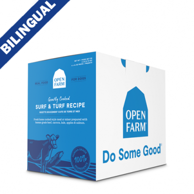 Front view of Open Farm Gently Cooked Surf & Turf Recipe package, highlighting premium ingredients and eco-friendly design.