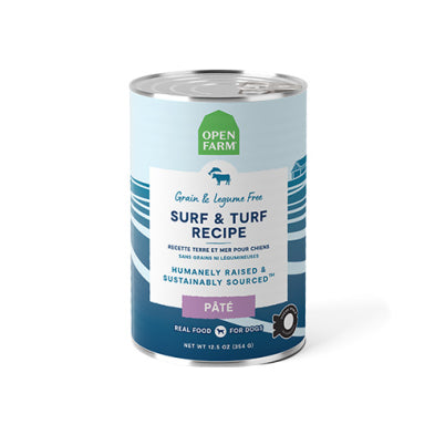 An image showing the front of the Open Farm Surf & Turf Pâté can, highlighting the brand logo, product name, and the high-quality, dual-protein ingredients.