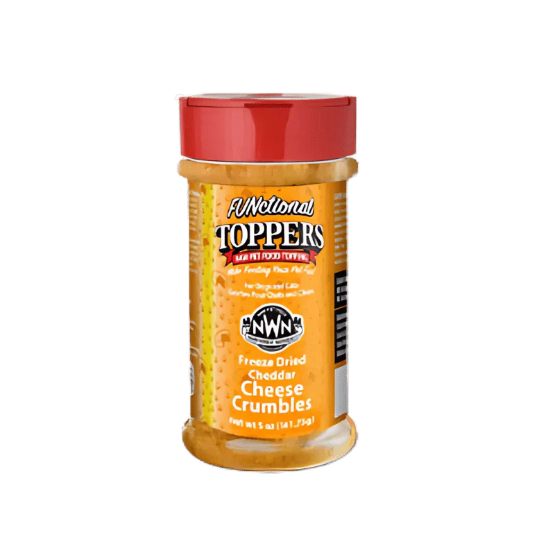 Front image of Northwest Naturals Freeze-Dried Cheddar Cheese Crumbles showing vibrant cheddar pieces in a clear jar; high-protein, all-natural meal topper that enhances flavour, supports picky eaters, and adds healthy variety to dogs’ and cats’ diets.