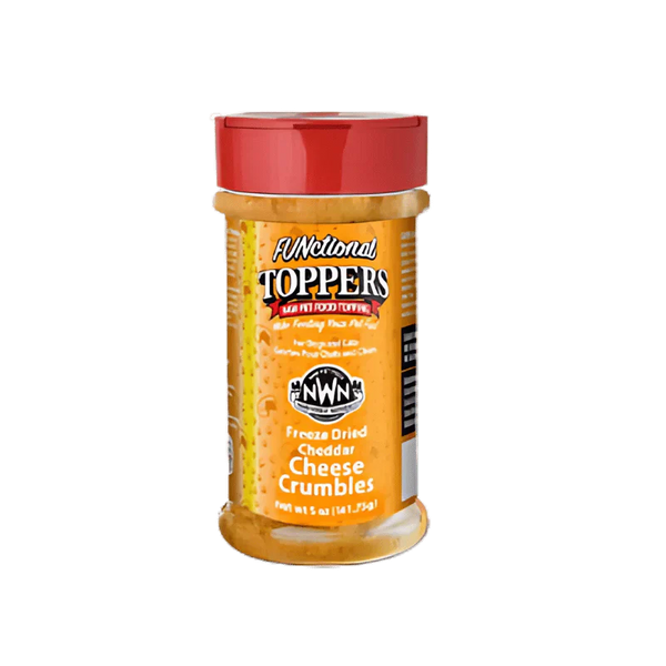 Front image of Northwest Naturals Freeze-Dried Cheddar Cheese Crumbles showing vibrant cheddar pieces in a clear jar; high-protein, all-natural meal topper that enhances flavour, supports picky eaters, and adds healthy variety to dogs’ and cats’ diets.