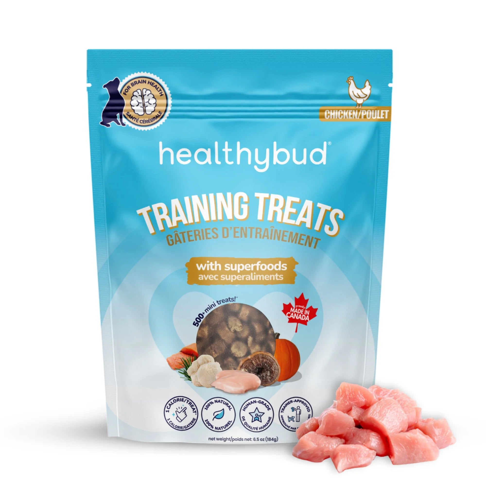 Front of Healthybud Chicken Mini Training Treats bag, showing the product label and highlighting the low-calorie, brain-boosting ingredients.