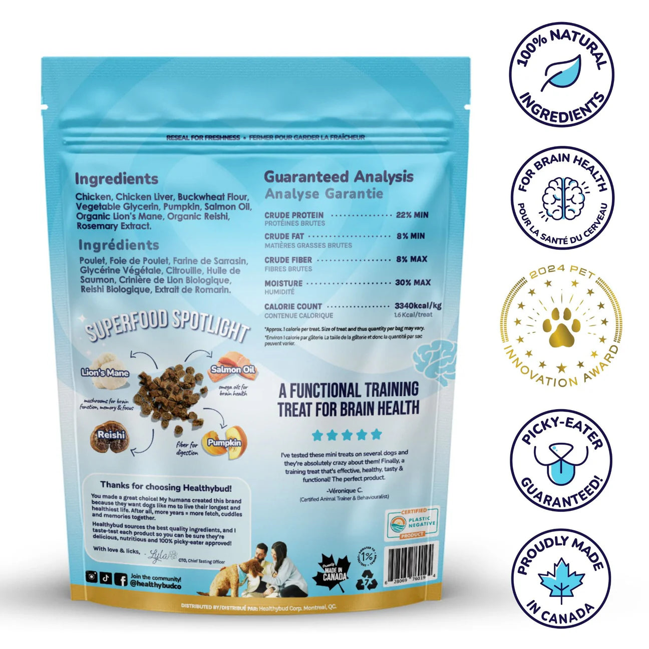 Back of Healthybud Chicken Mini Training Treats bag, showcasing the benefits and ingredients like Lion's Mane, Reishi, and Salmon Oil for brain health and immunity support.