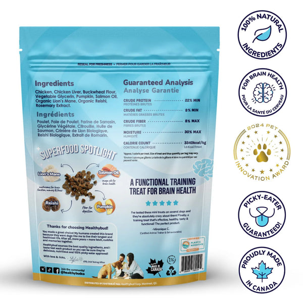 Back of Healthybud Chicken Mini Training Treats bag, showcasing the benefits and ingredients like Lion's Mane, Reishi, and Salmon Oil for brain health and immunity support.