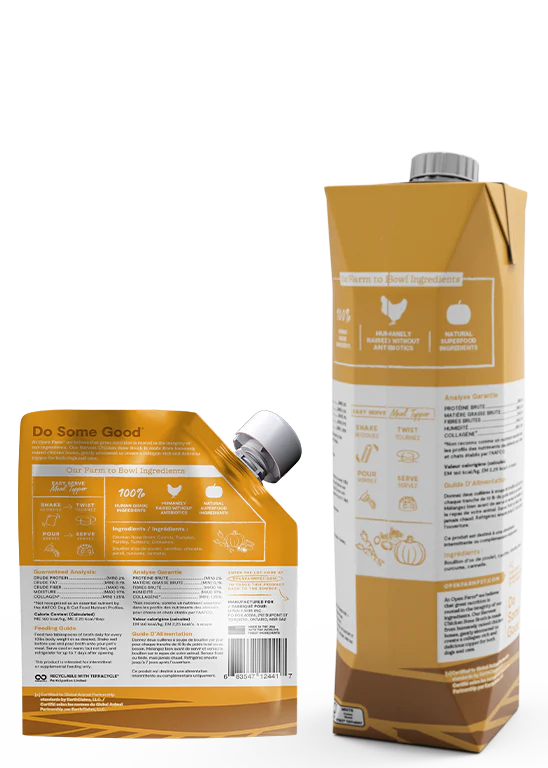 Image showing the back of both the 12 oz and 32 oz Open Farm Chicken Bone Broth packaging, detailing the ingredients and nutritional information.