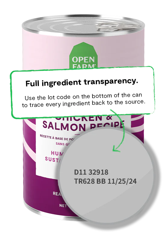 An image showing the back of the Open Farm Chicken & Salmon Pâté can, detailing the full ingredient transparency.