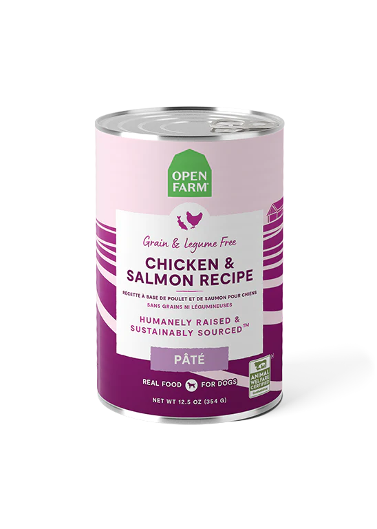 An image showing the front of the Open Farm Chicken & Salmon Pâté can, highlighting the brand logo, product name, and the high-quality, ethically sourced ingredients.