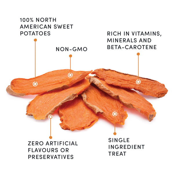 Close-up image showing the texture and quality of Crumps' Sweet Potato Dog Treats.