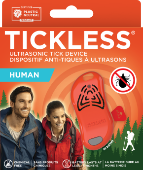 Front of packaging showing chemical-free ultrasonic tick repellent for humans, highlighting safe, non-toxic protection, 94 percent effectiveness, and long-lasting 3000 hour performance for outdoor activities
