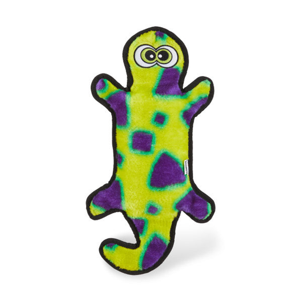 Image showing the green and purple Outward Hound Durablez Gecko dog toy, featuring a stuffing-free design, multiple squeakers, and reinforced K-9 TUFF GUARD durability.