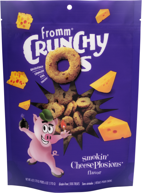 Front view of Fromm Crunchy O's Smokin' CheesePlosions bag showing cheesy treats.