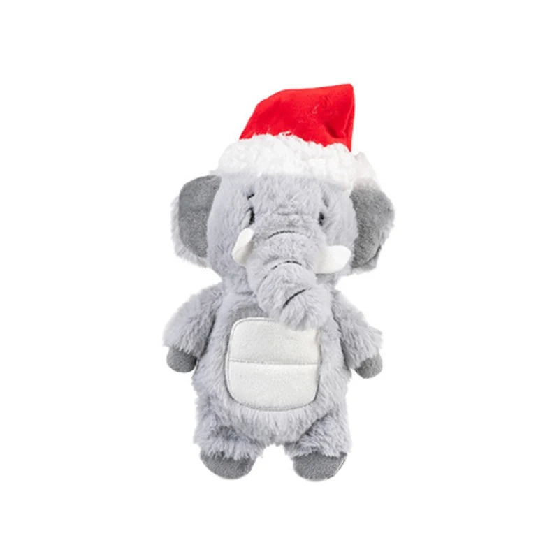Growl Jingle Bellies the Elephant holiday dog toy – a festive Christmas plush elephant featuring exclusive Ruff Guard technology for lasting durability, non-toxic safe materials, and playful huggable charm for dogs who love to chew, tug, and cuddle