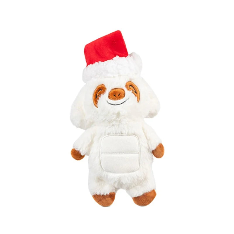 Growl Jingle Bellies the Sloth holiday dog toy – a festive Christmas plush featuring exclusive Ruff Guard technology for lasting durability, non-toxic and safe materials, and adorable sloth styling for dogs who love to play hard and cuddle harder