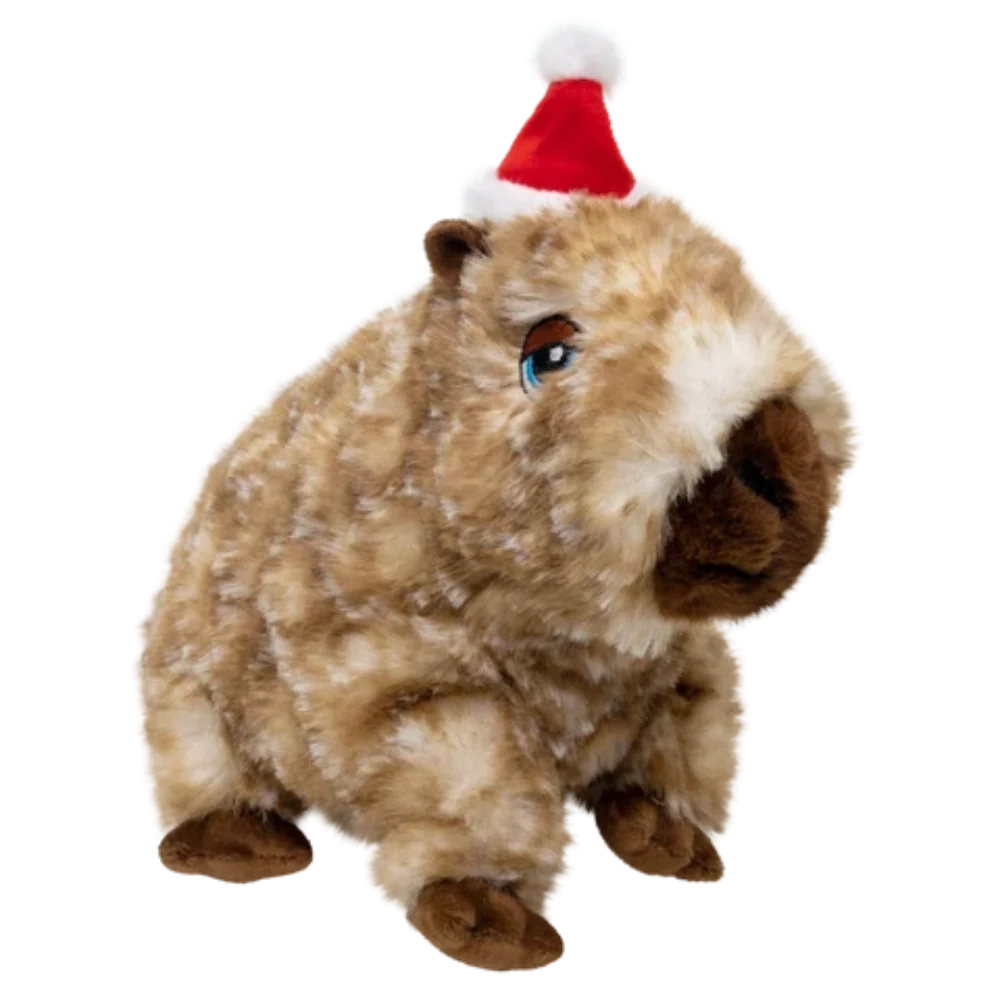 KONG Holiday Comfort Wuzzeez Capybara medium plush dog toy – an ultra-soft festive capybara with holiday details and a removable low-pitched squeaker, letting dogs enjoy exciting squeaky playtime or quiet squeak-free cuddles and cozy napping
