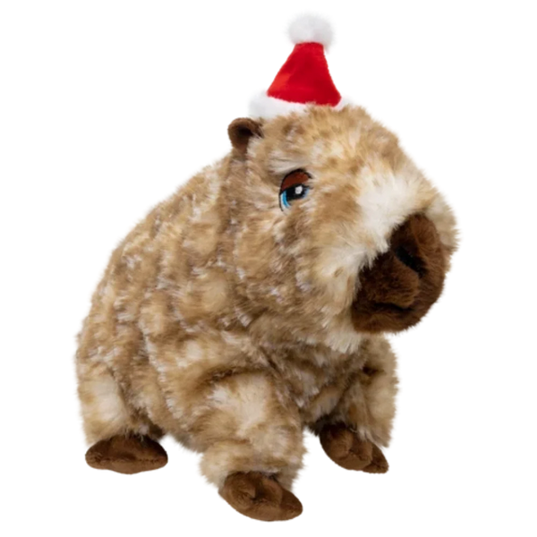 KONG Holiday Comfort Wuzzeez Capybara medium plush dog toy – an ultra-soft festive capybara with holiday details and a removable low-pitched squeaker, letting dogs enjoy exciting squeaky playtime or quiet squeak-free cuddles and cozy napping"
