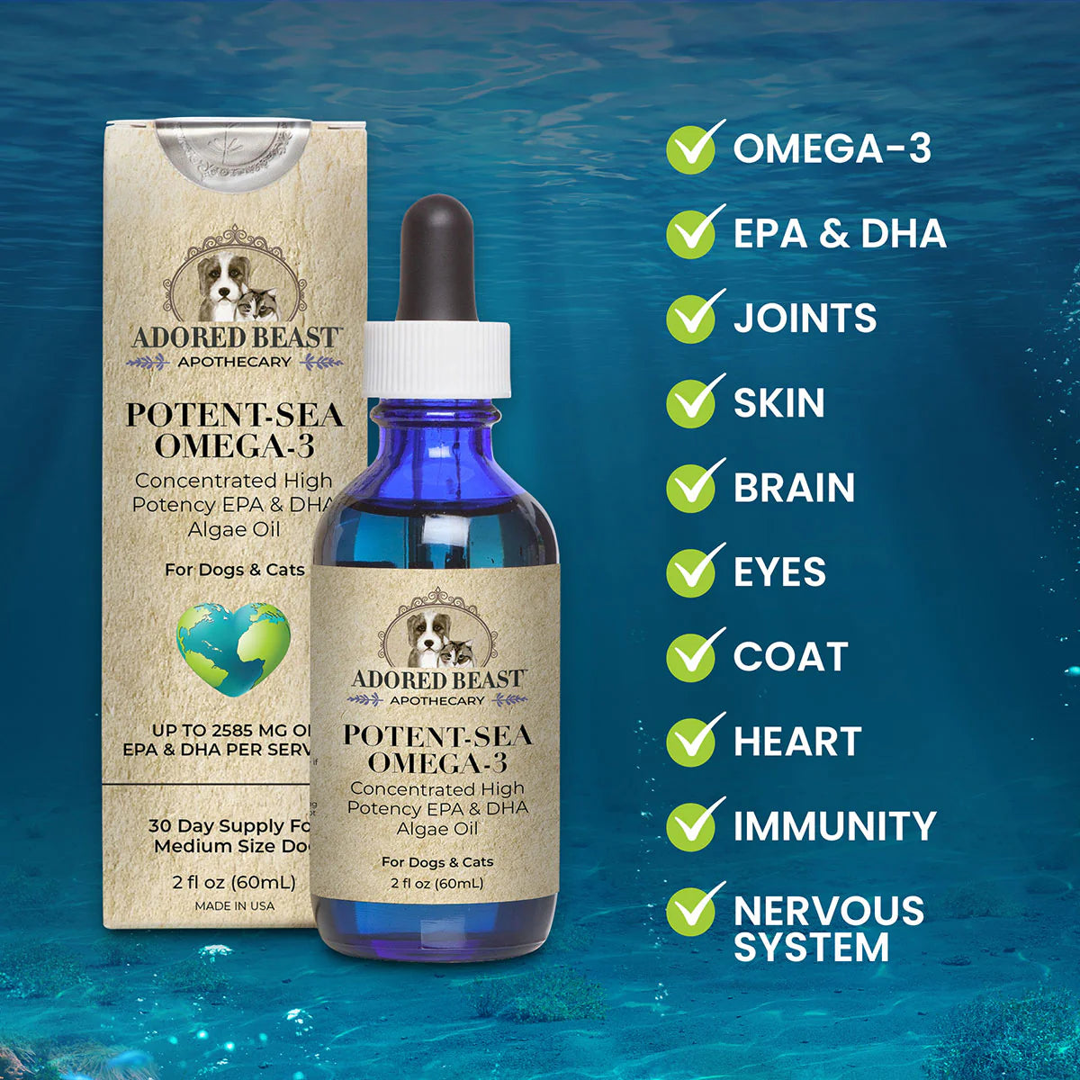 Adored Beast Potent Sea Omega 3: Image showcasing the benefits of omega-3 fatty acids for pet health and wellness.