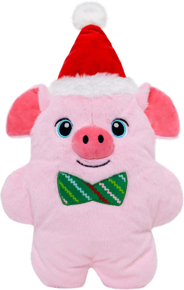 KONG Snuzzles Pig XL holiday plush dog toy – an extra-large festive squeaky pig featuring a full-body squeaker that stimulates chewing and tugging instincts, a dense plush body for extended play, and a soft velvety flat shape ideal for large dogs to grab, carry, and cuddle