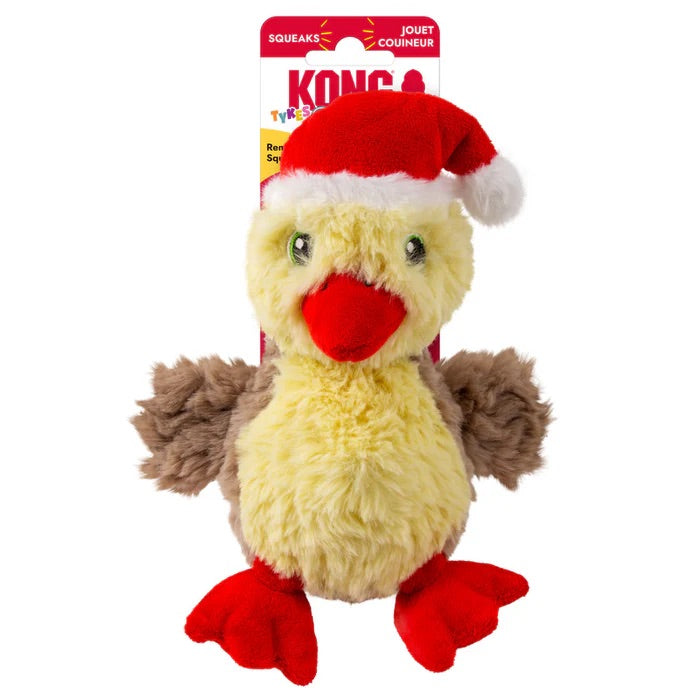 Front view of KONG Holiday Comfort Tykes Duck, emphasizing soft plush design, engaging squeaker, crinkle feature, and pillow-like body for comfort and indoor play.