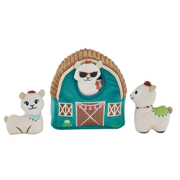 Image showing the Outward Hound Hide A Llama plush puzzle toy with all three squeaky llamas visible inside the soft barn, offering interactive mental stimulation for dogs.